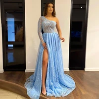 illusion lace sexy evening dresses a line one shoulder high slit modern evening gowns elegant beaded sweep train new prom dress
