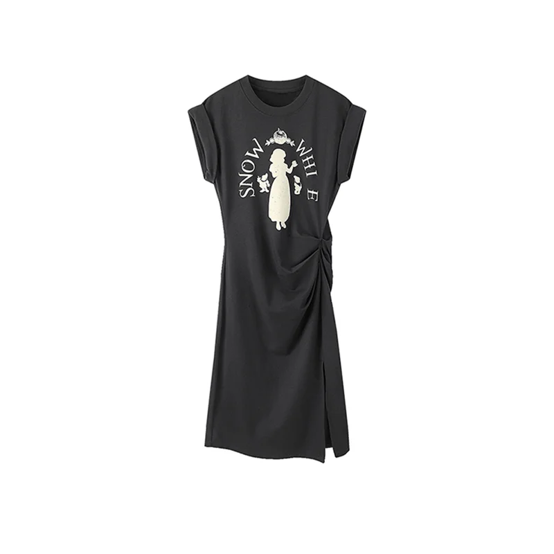 

Women's Cartoon Print T-shirt Dress Black Slit Loose Casual Short Sleeve Top Fashion Versatile Skirt Female Over The Knee Dress