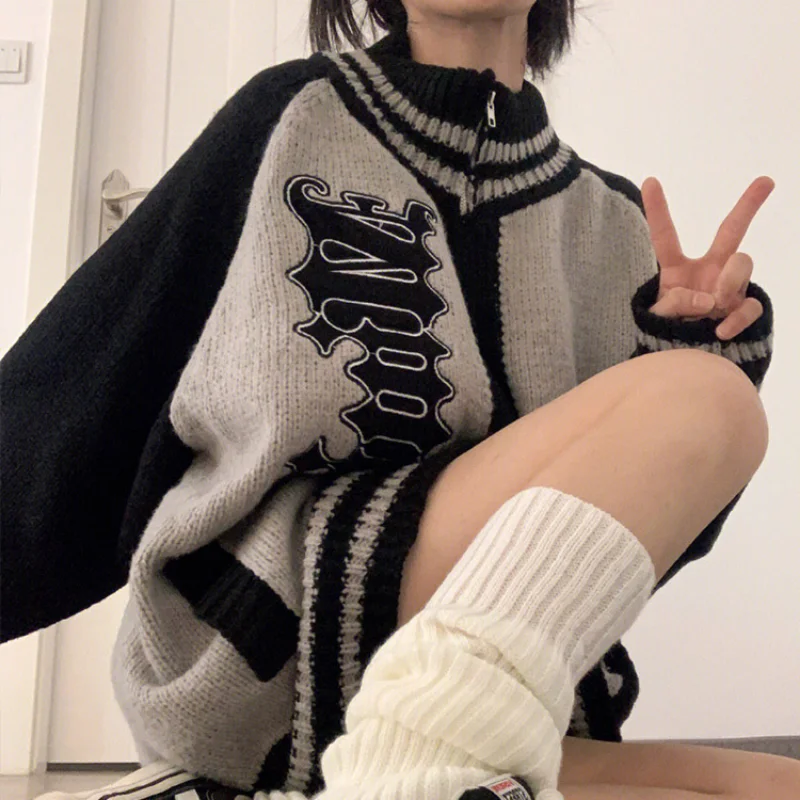 

Deeptown Streetwear Y2k Zip Sweater Cardigan Women Retro Grey Striped Patchwork Oversize Letter Jumper Korean Style Knitted Top