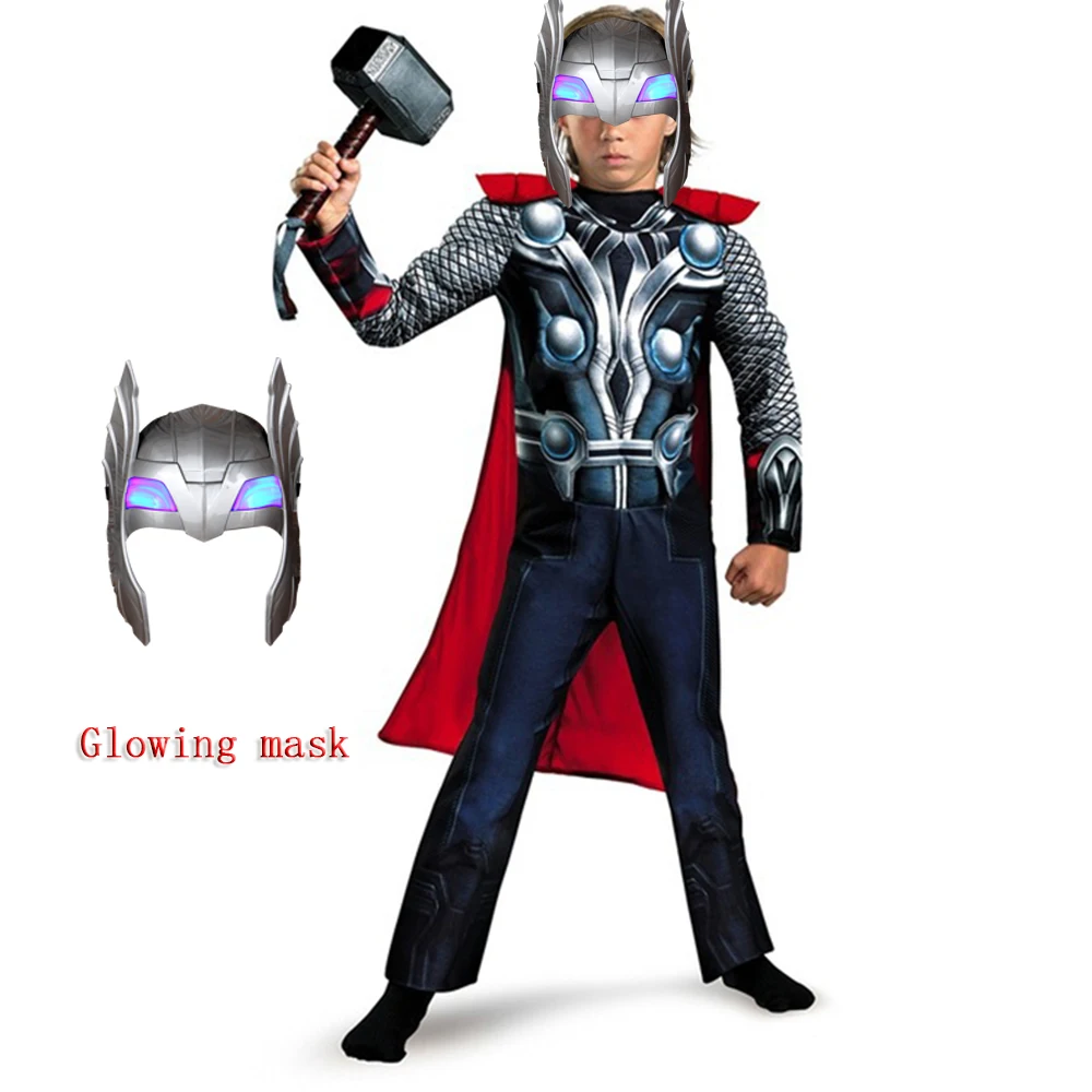 

Halloween Kids Muscle Thor and Cloak Lighting Mask Cosplay Costumes Christmas Party Clothes Harmmer Props