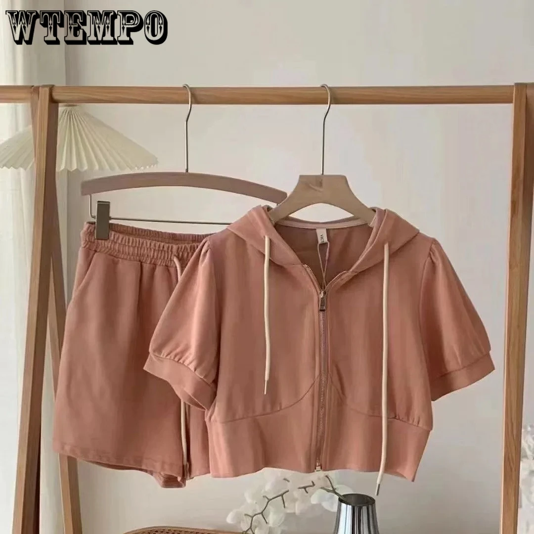 Casual Suit Zip Cardigan Hoodie Elastic Waist A-Line Shorts Two Piece Sets Womens Outifits Fashion Loose Jogging Suit Sportwear