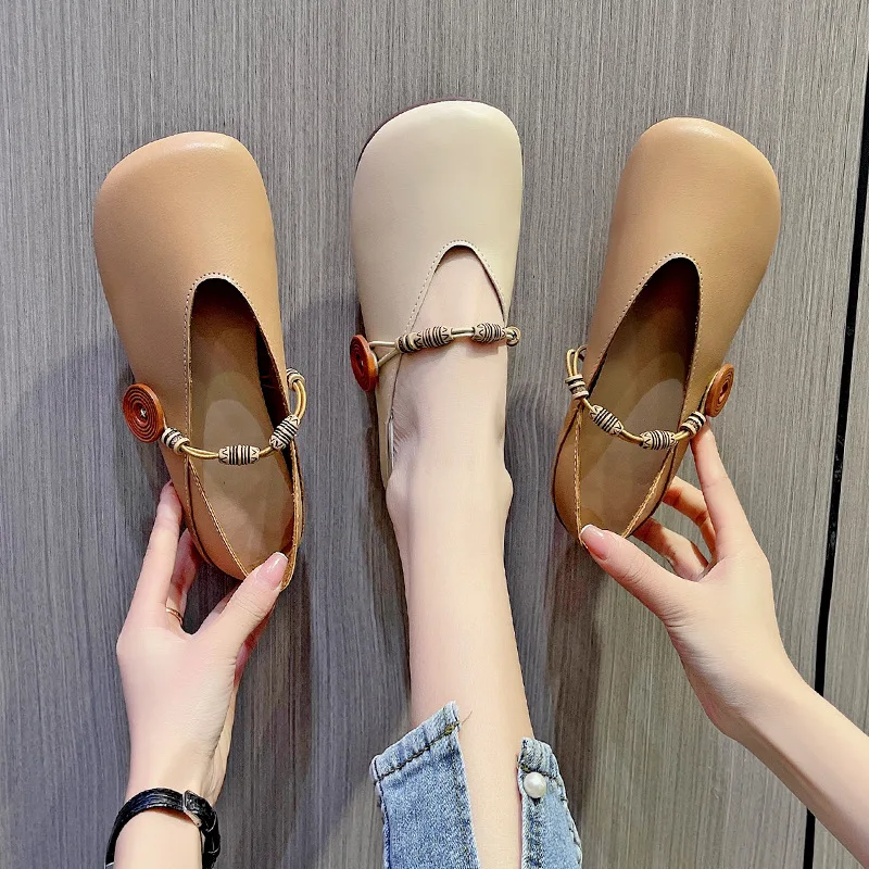 Simple Retro Wide Leg Fit Flats Mom Spring Summer Mary Jane Shoes Women Ballerina Flats Harajuku Style Button Straped Moccasins