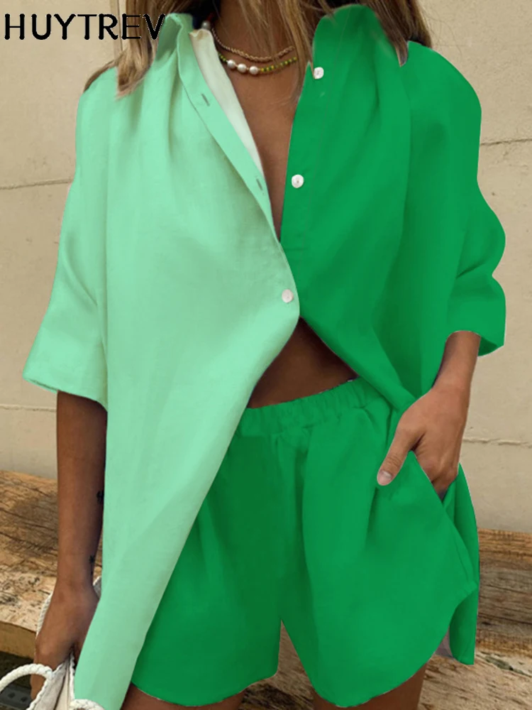 

Summer Casual Set For Women Fashion Colorblock 2 Piece Suit Streetwear Short Sleeve Shirt Top And Shorts Loose Outfit Women's