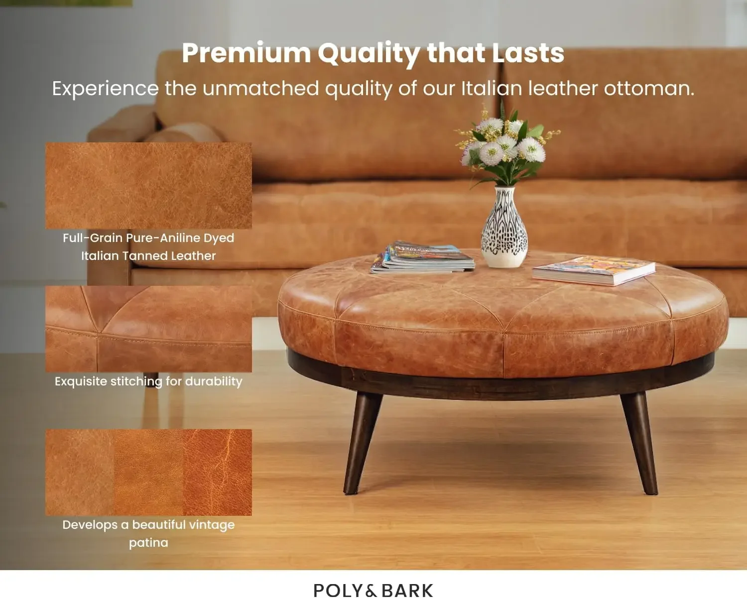 home.POLY &amp BARK Gio Современный кожаный пуф-пуф (коньяк Тан)