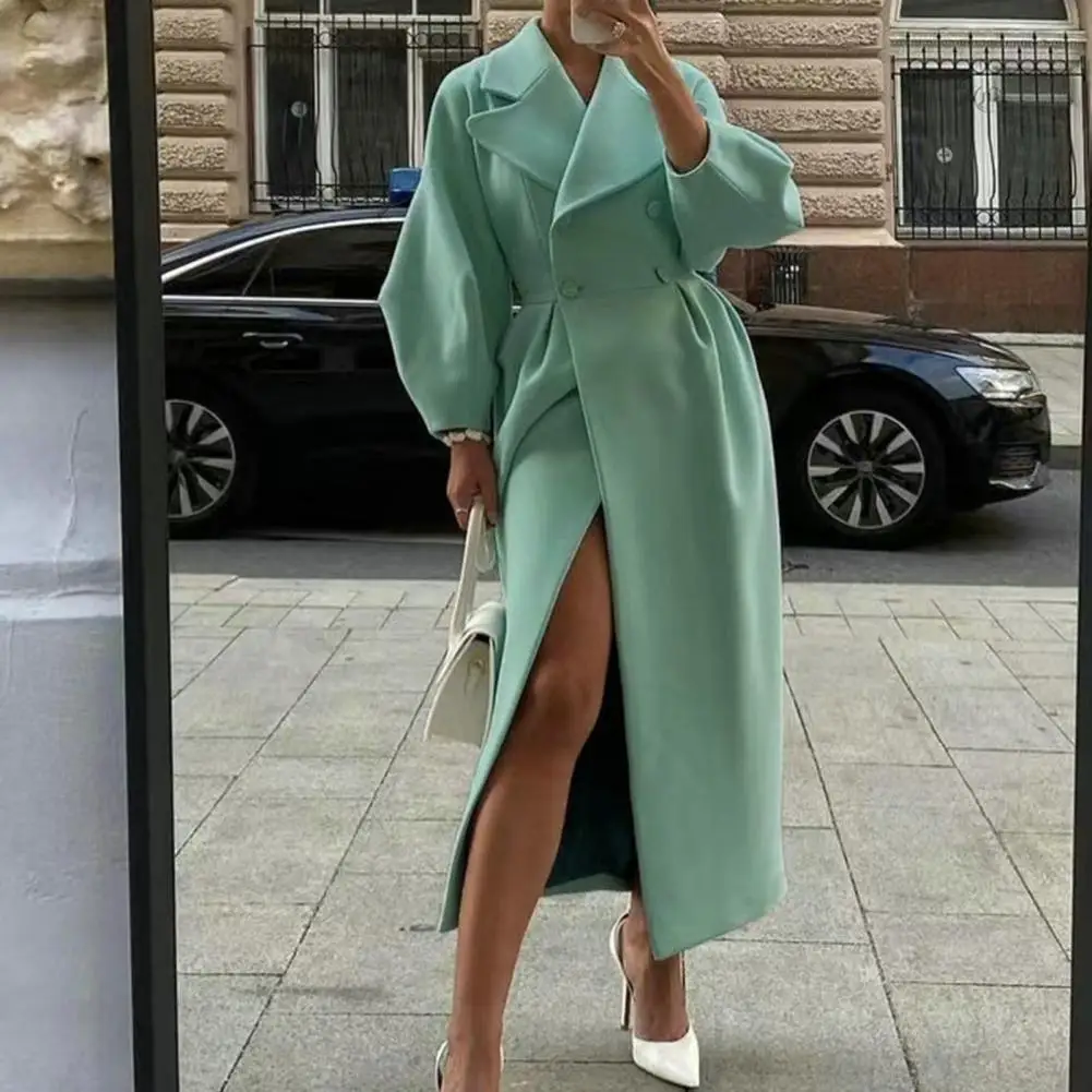 

Winter Lantern Sleeve Women Woolen Coat Lapel Double-Breasted Casual Lady Long Jackets Windbreaker Thick Streetwear Female Coats