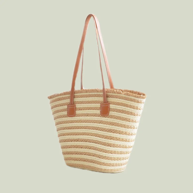 Short Tassel Straw Bag Women's High Quality Hand Woven Striped Tote Bag Summer Beach Travel Shopping Bags Bolsa Feminina 2023