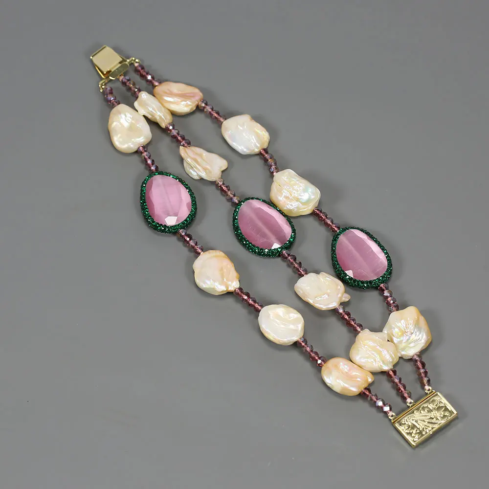 

GG Jewelry 3 Rows Natural Keshi Pearl Pink Cat Eye Crystal Beaded Bracelet Handmade Lady Designer Jewelry Gift