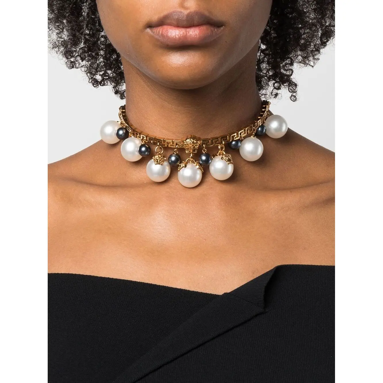European and American fashion O-shaped chain head set with black and white pearl Vintage Necklace