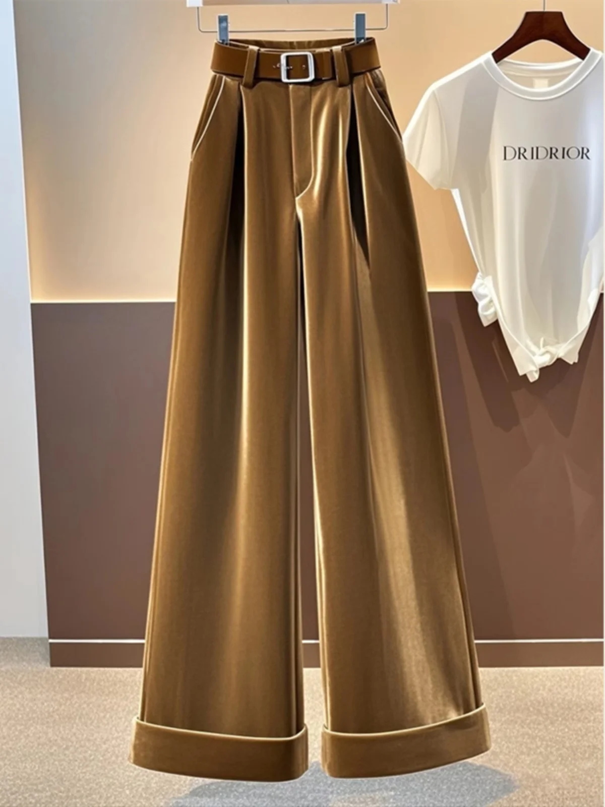 Plus Size 2024 Popular New Small Casual Loose Straight Pants High Waist Slimming Coffee Color Velvet Wide Leg Women Winter