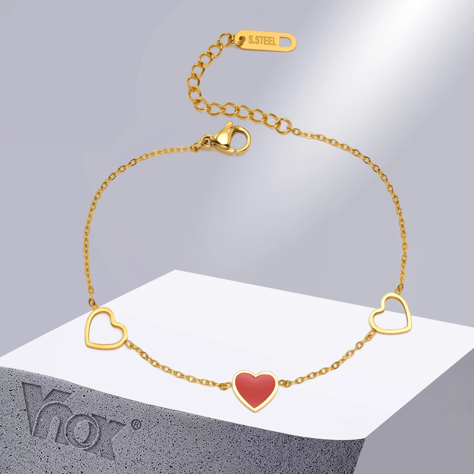 

Vnox Heart Charms Bracelets for Women, Adjustable Slim O Chain Bracelet with Stamp, Elegant Gold Color Stainless Steel Wristband