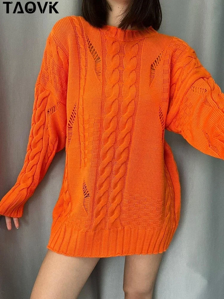 

TAOVK Women's Knitted Sweaters O-neck Hole Twist Pullovers Female Long Sleeve Knitting Tops Solid Color Loose Jumper Sweater