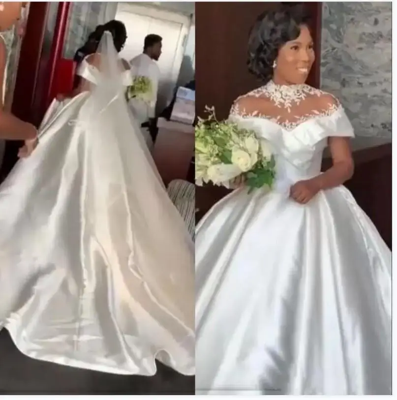 

Classic High Neckline Cap Sleeves Satin Ballgown Wedding Dresses Chapel Train Vestidos de Novia 2022 Bridal Gowns