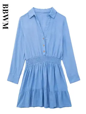 Blue Linen Dress Women Elastic Waist Shirt Dress 2023 Woman Vintage Long Sleeve Pleated Dresses Summer Chic Elegant Mini Dress