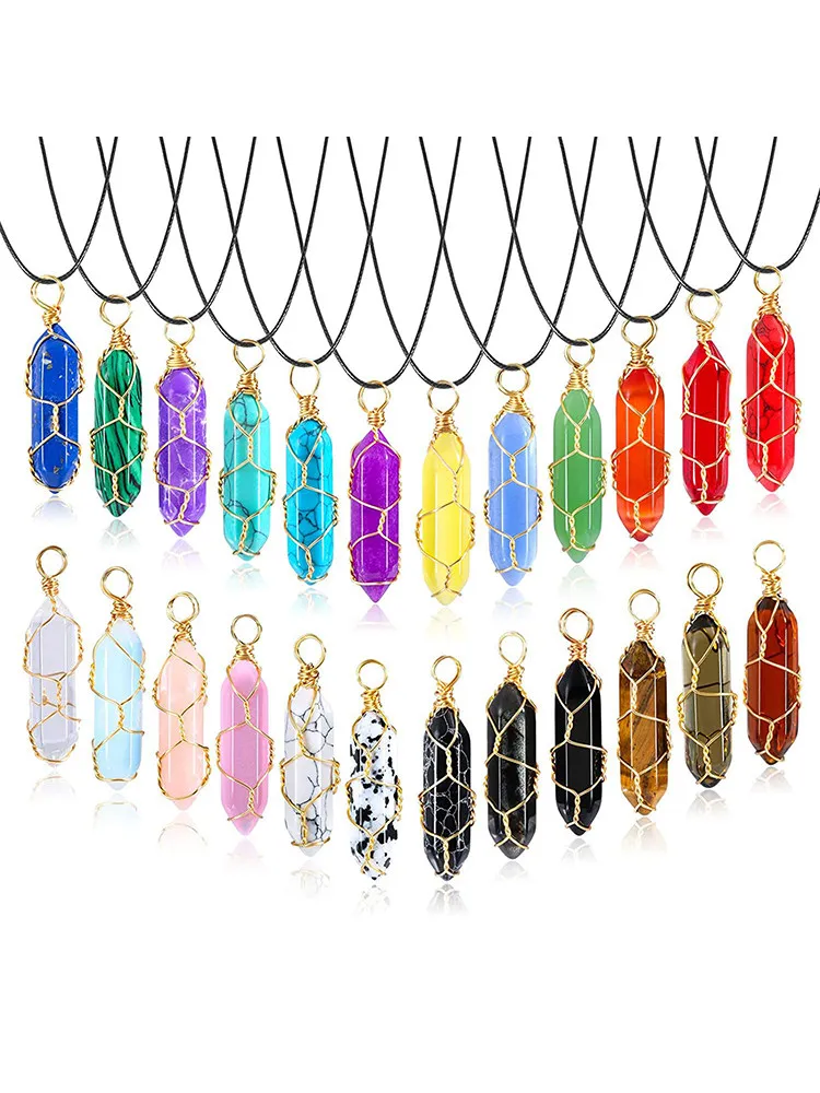 

24pcs Natural Quartz Crystal Hexagonal Chakra Healing Point Pendulum Stone Pendant Hexagon Pyramid Rose Quartz Amethyst