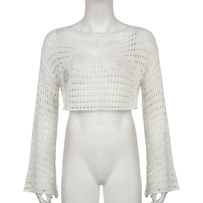 Vintage y2k Knitted Hollow Out T Shirts Korean Style Long-sleeved Cropped Knit Smock Top Chic Loose Retro Baggy Streetwear 2022 |