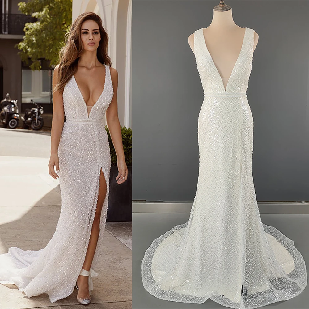 

Mermaid High Split Sequins Glitter Bridal Gown Low Cut Custom Made Open Back Deep V Neck Luxury Shining Evening Wedding Dress