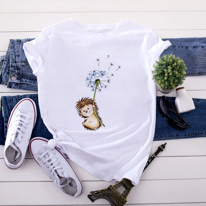 

90'S Girls T-shirt Cute Hedgehog Cartoon Fun Print women T shirt O-neck Short Sleeve t shirt female Summer Harajuku Tshirt Lady