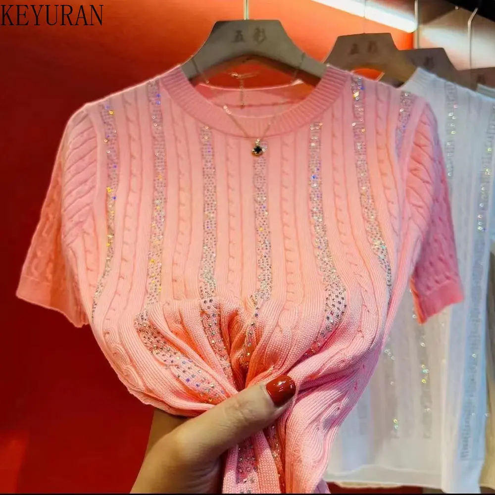 

Hot Diamond Short Sleeve Sweater T-shirt Women 2023 Summer Elegant Slim Loose Pullover Twist Ice Silk Knitted Tops Female Jumper