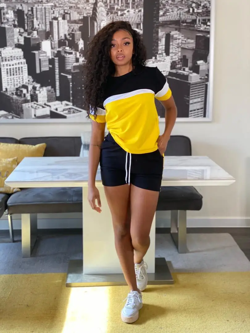 

Two Pieces Sets Women Colorblock O-neck Short Sleeve Top T-shirt Shorts Casual Suits