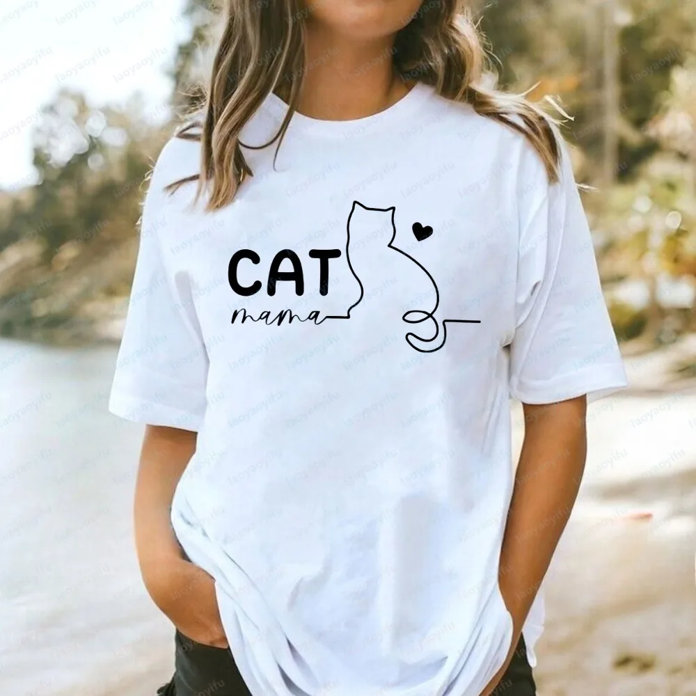 Фото Хлопковая футболка Cat Mama с простым принтом в стиле Харадзюку, уникальная идея подарка для владельца кошки, подарок на День матери, подарок для любителей кошек, кавайная одежда для женщин №1