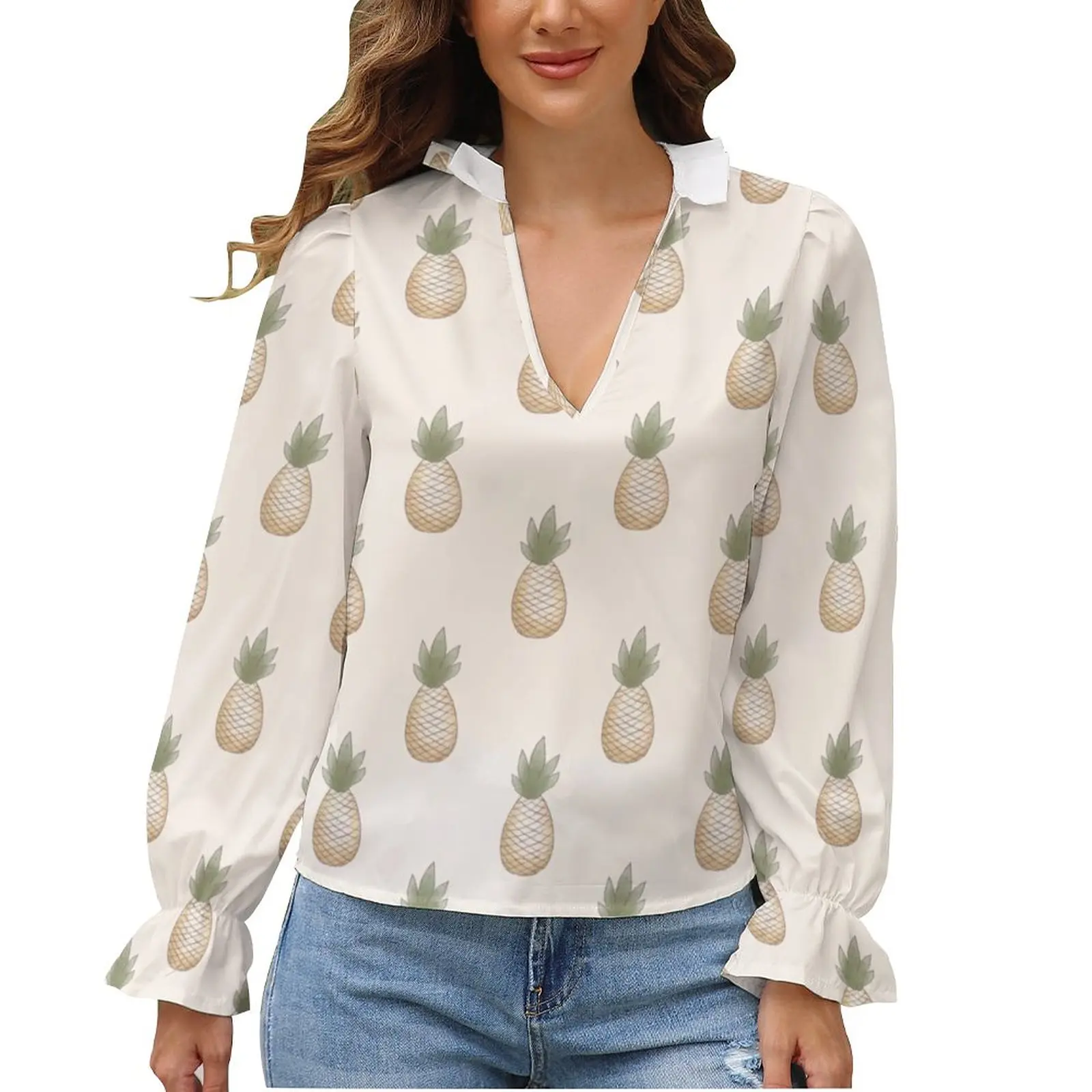 

Pineapple Blouse Fruit Puff Sleeve Social Retro V Neck Shirt Girls Printed Shirts