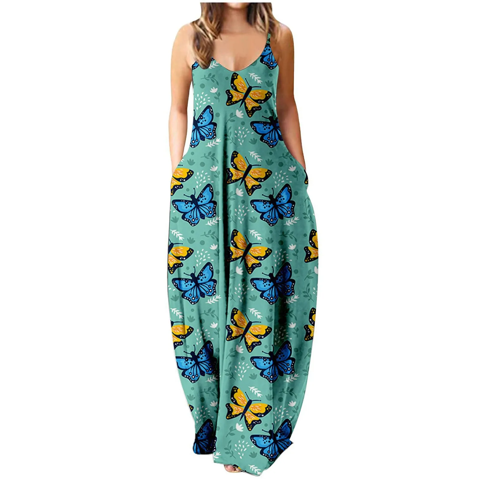 

Womens V Neck Sleeveless Loose Long Maxi Dress Beach Sundress With Pockets Wolf Dresses for Women