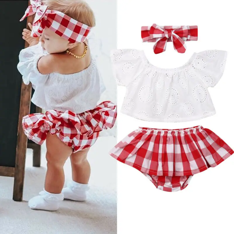 Baby Girl Clothes Set White T-Shirt Tops Red Plaid Ruffle Shorts Headband 0-24M Newborn Infant Toddler Summer Casual Outfits