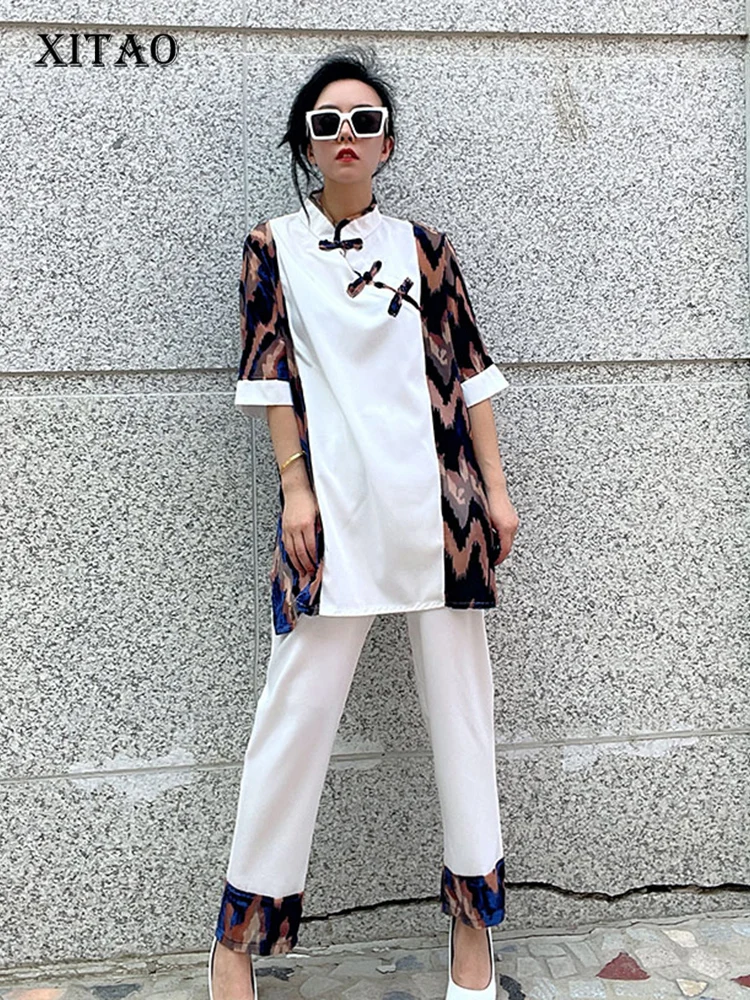 

Женский комплект из двух предметов XITAO, винтажный топ с принтом груди, плиссированные длинные штаны с эластичной резинкой на талии, модель ...