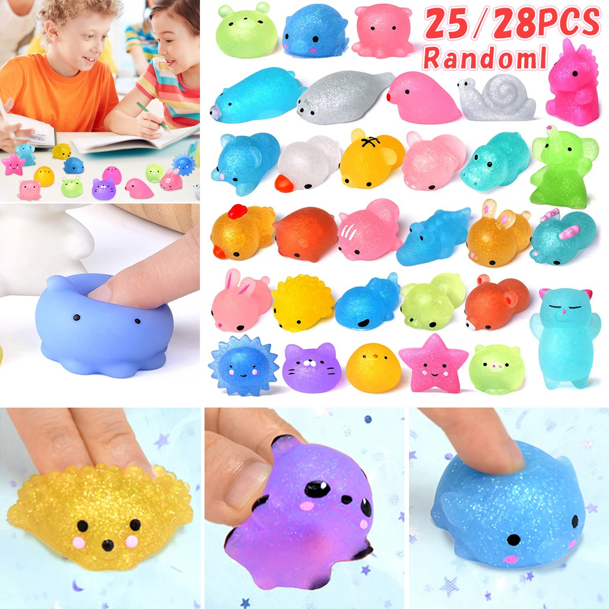 

new 28Pcs/25Pcs Glitter Mochi Squishy Toys Random Animal Squishy Toys Party Favor for Kids Stress Relief Glitter Animals Mochi