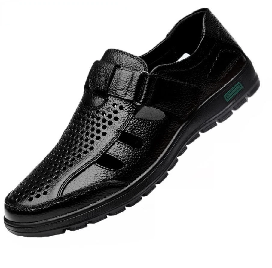 

Summer Genuine Leather Mens Sandals Breathable Hollow Out Classic Mens Flat Sandals Solid Rubber Leather Male Casual Sandals
