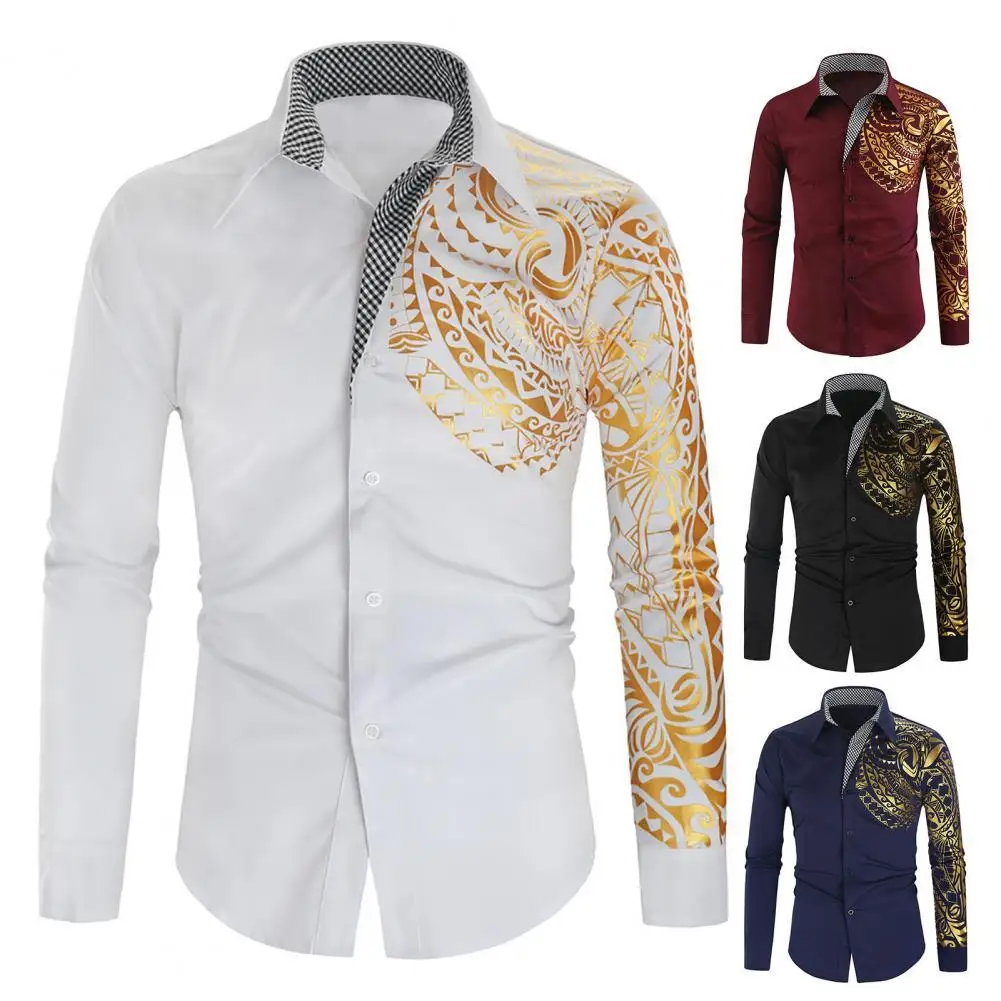 

Men Shirt Slim Turn-down Collar Contrast Colors Vintage Spring T-shirt for Daily Wear