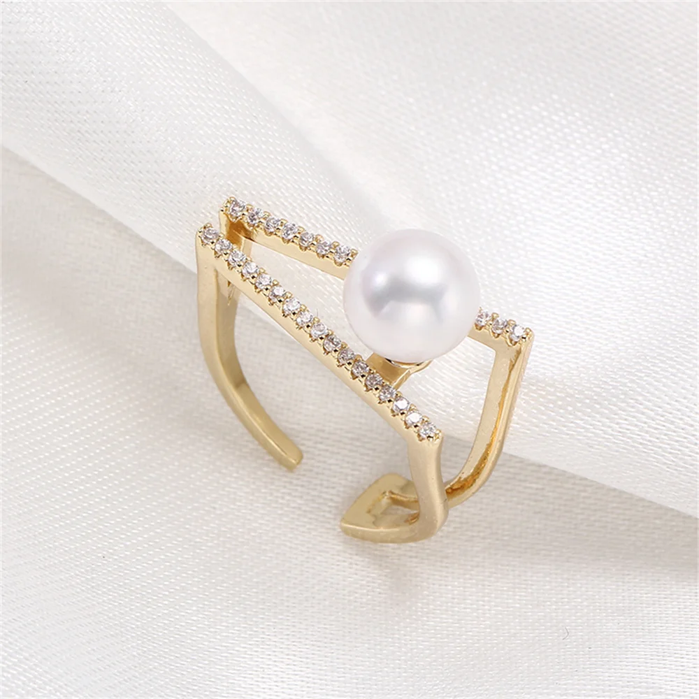 

14k gold plating color preservation V-shaped zirconia pearl ring open DIY accessories fashion temperament female