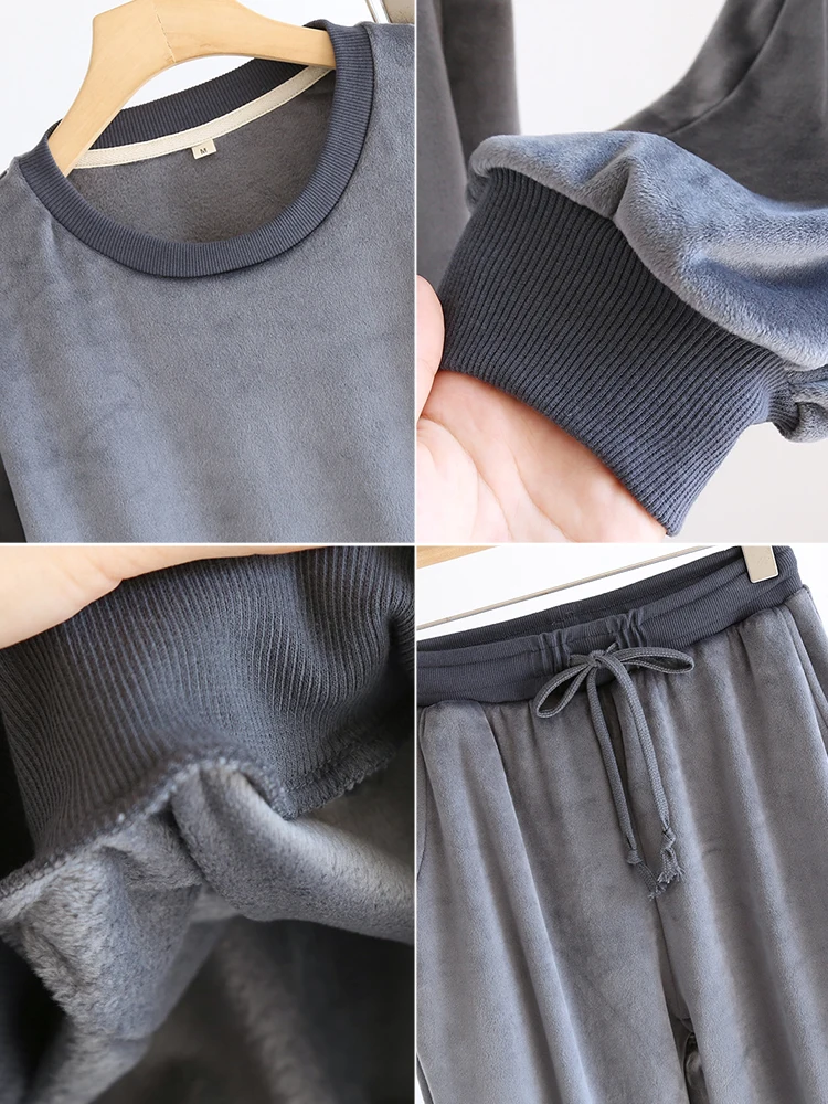 Мужская бархатная одежда для сна с длинными рукавами и круглым вырезом комплект