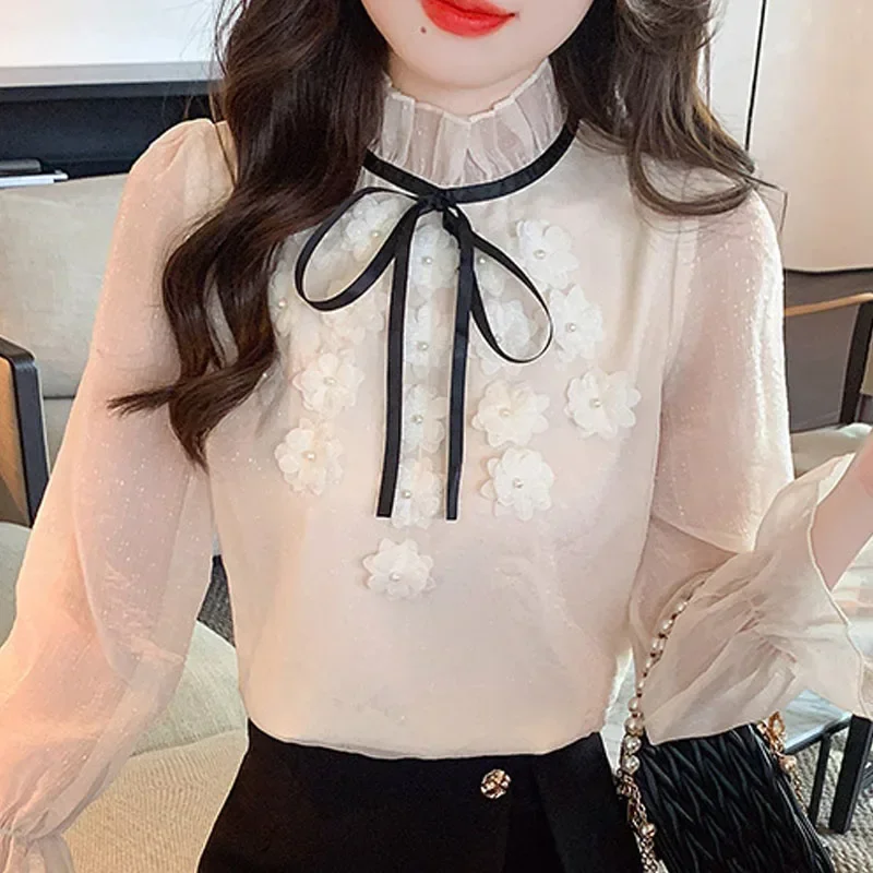 Женская шифоновая блузка с цветочным принтом длинным рукавом и оборками