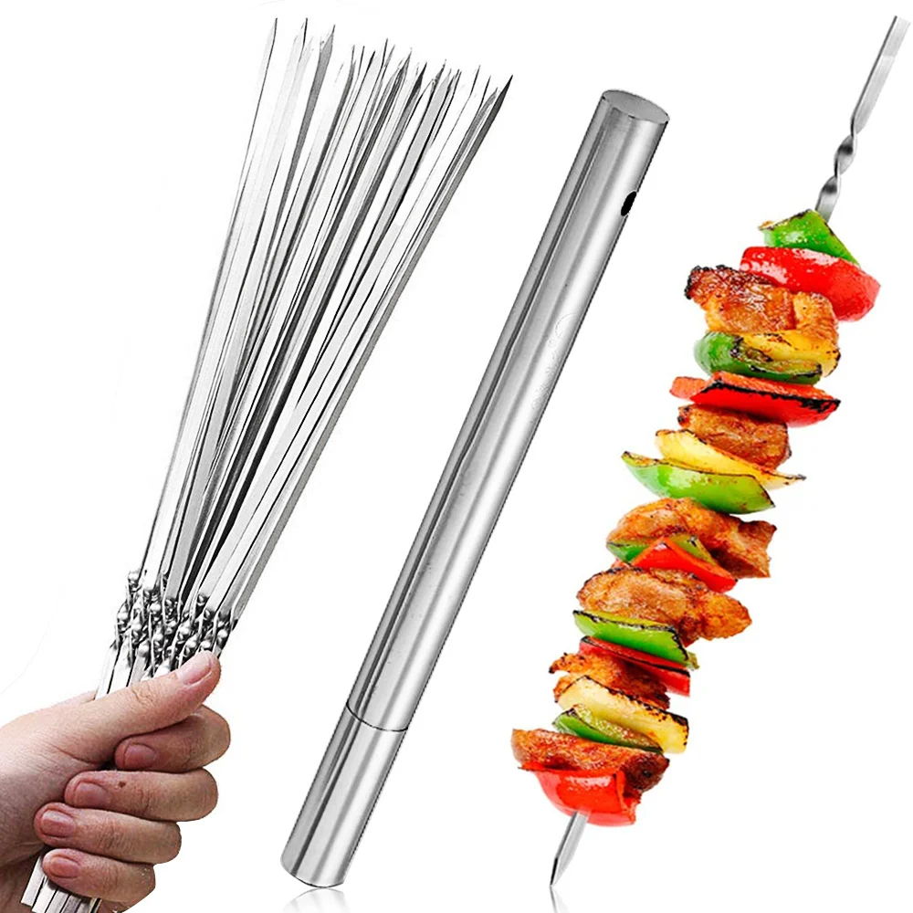 

Skewers For Barbecue Reusable Grill Stainless Steel Skewers Shish Kebab BBQ Camping Flat Forks Gadgets Kitchen Accessories Tools