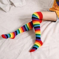1 pair new arrival cotton elasticity sweat women long sock candy colors rainbow striped sporty cotton girl high socks fancy sox