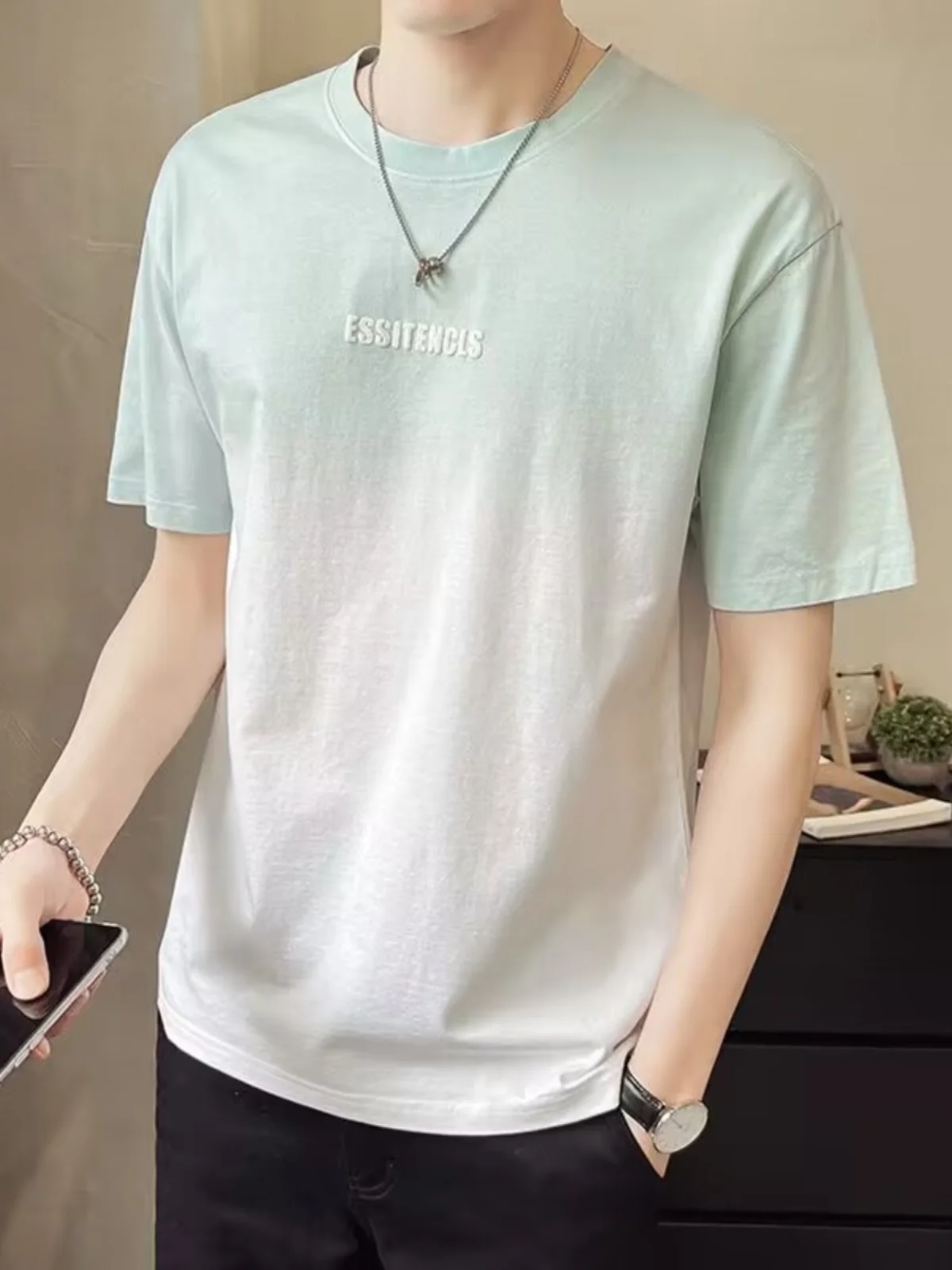 Men's Youth Plus size Modal Cotton T-shirt Short sleeve Summer Ice Silk Gradient Color Thin Half Sleeve Casual Top