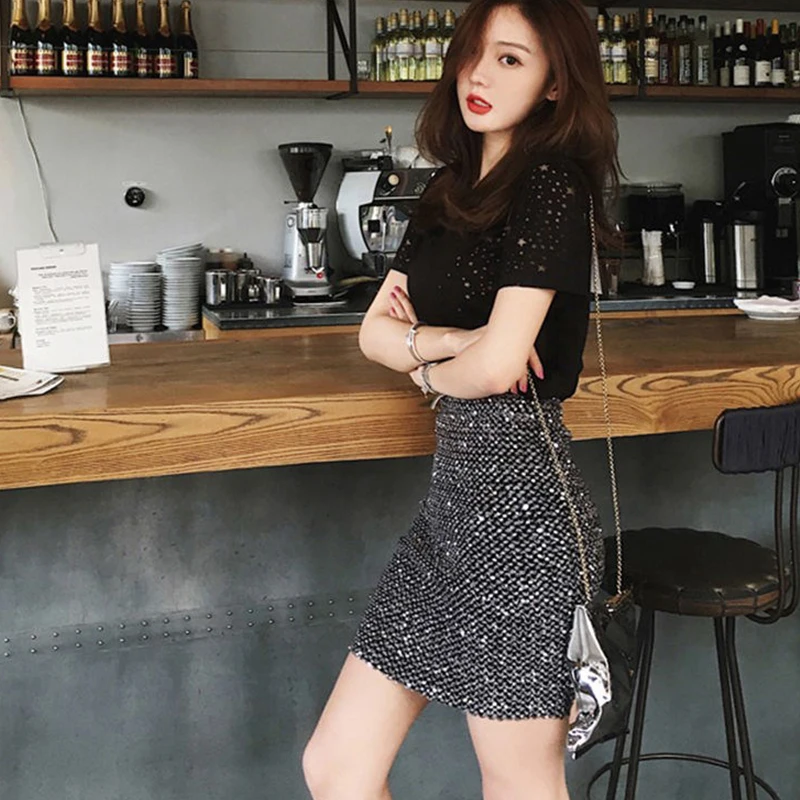 

Y2k Girl Bandage Gold Sliver Black Vintage Skirts Shining Sequin Lady Bodycon Elastic Mini Skirt Mujer Korean Sexy Party Wear