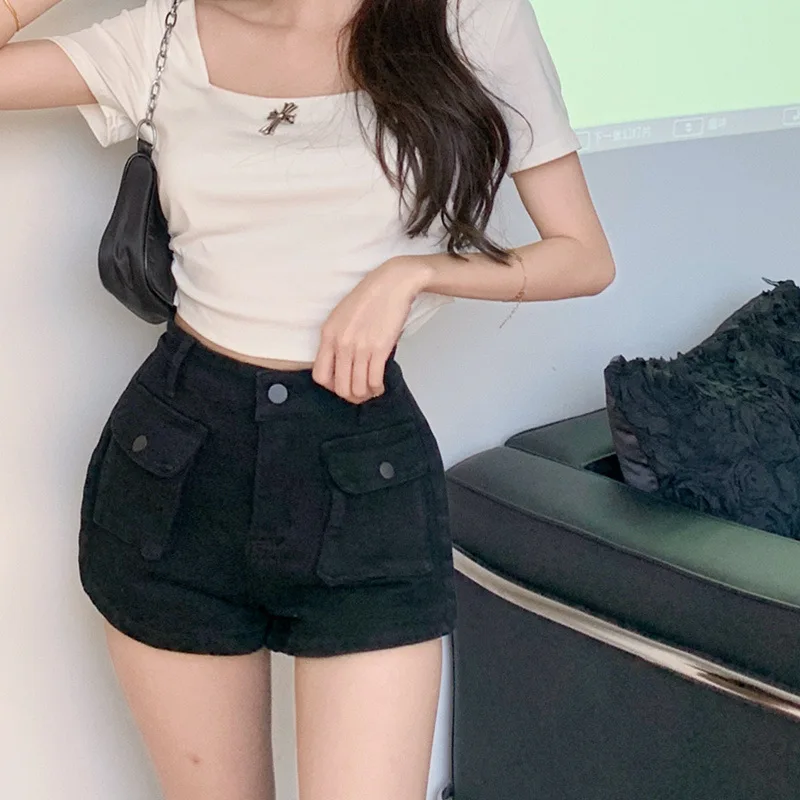 Double Pockets Skinny Shorts Solid Color Casual Shorts Women Summer 2023 New Fashion Lady Elastic Waist Beach Black Short Pants