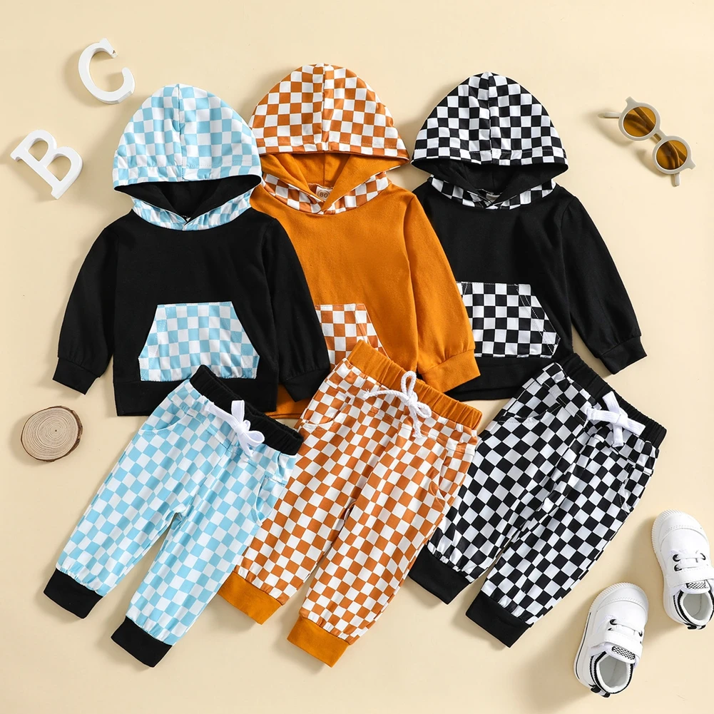 

Baywell/комплект одежды для маленьких мальчиков и девочек; Хлопковый клетчатый топ с капюшоном и штаны; Одежда для младенцев; Осенние повседнев...