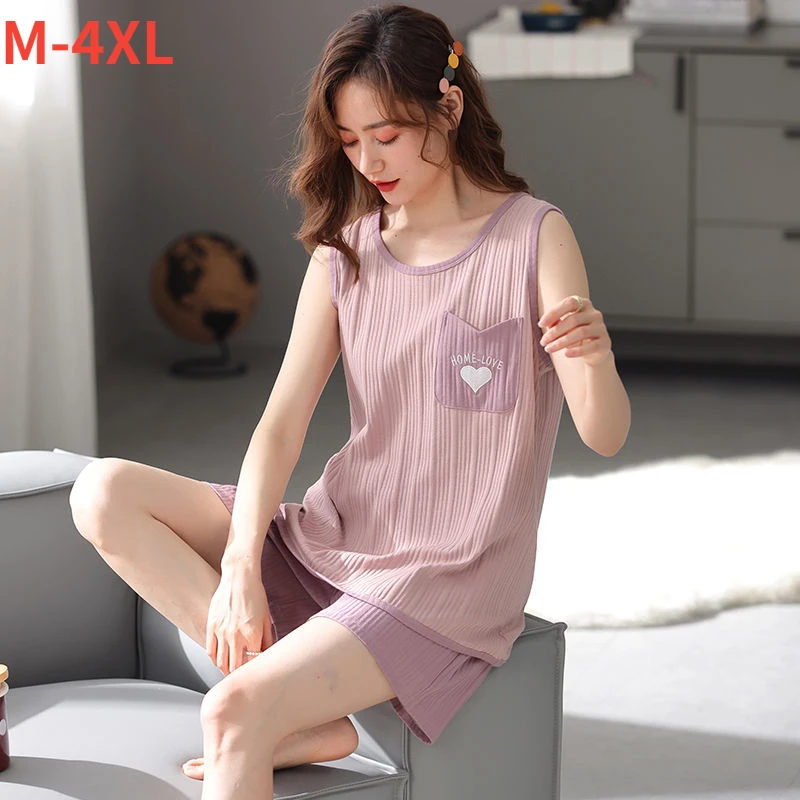 

New Women Pajamas Cotton Sleepwear for Summer Sleeveless M-4XL Nightwear Shorts Pajamas Fashion Home Clothing Pijamas X39