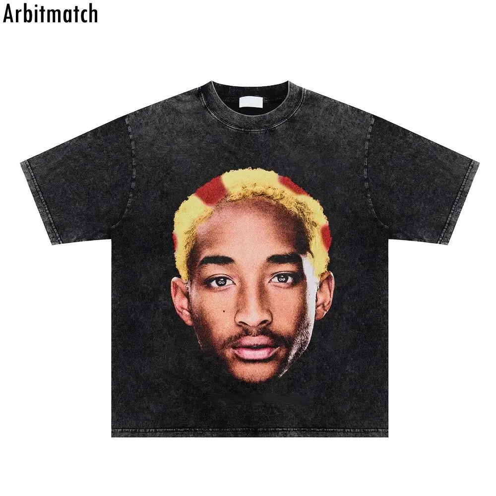 

Винтажная промытая Мужская футболка с коротким рукавом, уличная одежда в стиле хип-хоп, футболка в стиле Харадзюку с портретным принтом рэпера, хлопковая футболка, топ оверсайз