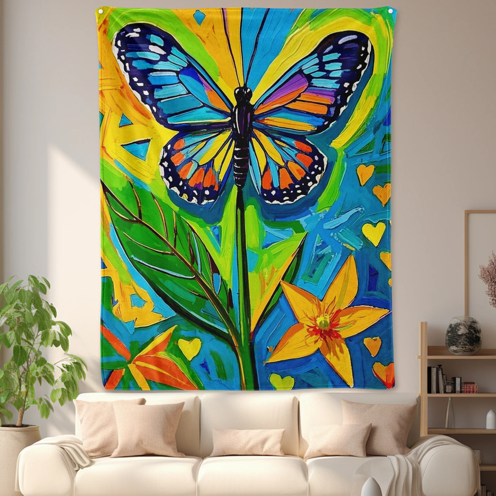 Кашемировый плед Butterfly Leaves Floral Yellow Blue