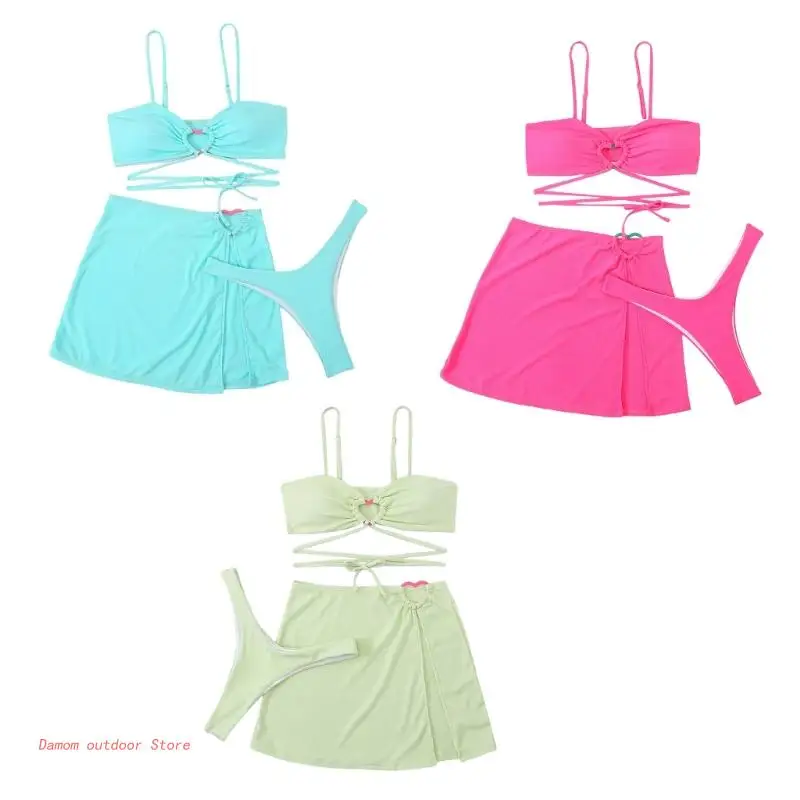 

Women's Heart Ring Linked Bikini Set Sexy Backless Bathing Suit with Sarongs Cover Up 3 Pieces Lace Up Swimming Suit Ins