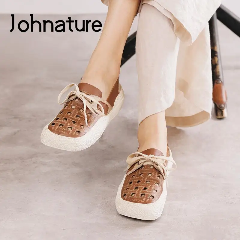 

Johnature 2022 New Hollow Shoes Women Retro Comfortable Lace Round Toe Lace-up Lady Shoes Leisure Shallow Soft Sole