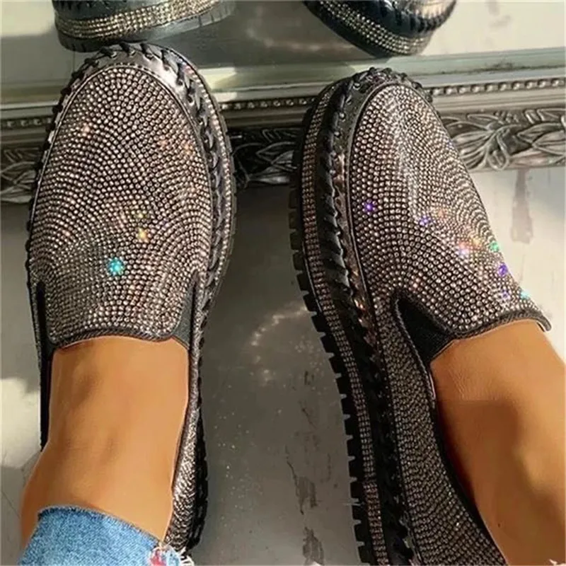 Women Autumn Sequined Round Toe Flats Sneakers Luxury Glitter Crystal Slip On Loafers Platformvulcanized Shoes Sewing Lazy Shoes