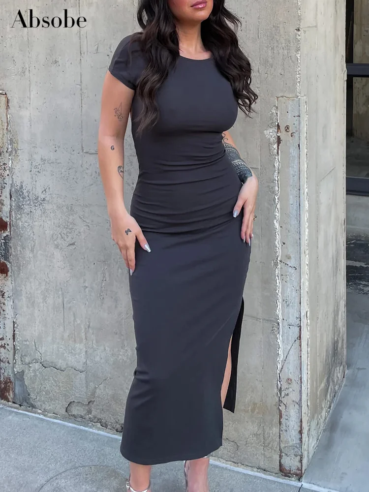 

Absobe Backless Split Half Midi Dress Open Collar Short Sleeve Slim High Waist Casual Buttock Dress Hottie Y2K Outfit Streetwear