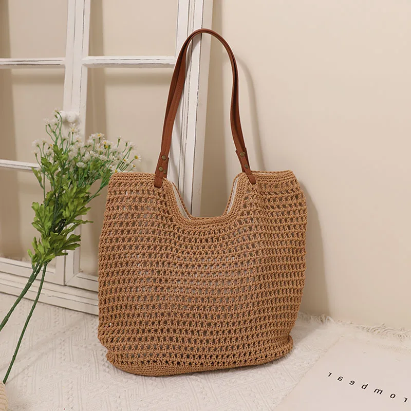 Leisure Hollow Out Knit Shoulder Cotton Thread Eco Rattan Woven Bag Summer Beach Sea Vacation Bag Women's Tote Bag Handbags