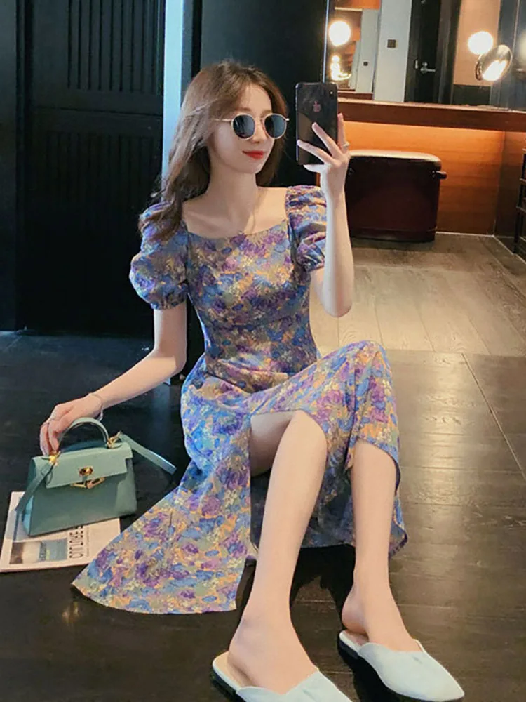 

2022 Printing Summer Dress for Woman Split Maxi Dresses Sexy Puff Sleeve Vintage Woman Clothes Korean Female Party Robe Fashion