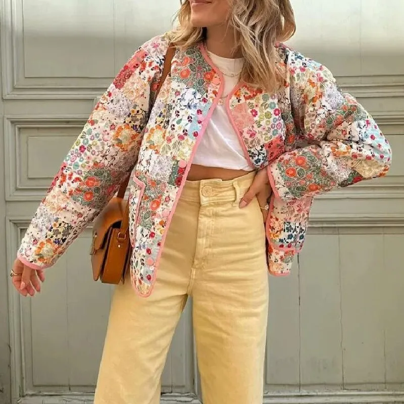 Женская Стеганая куртка с цветочным принтом Розовая тонкая стеганая